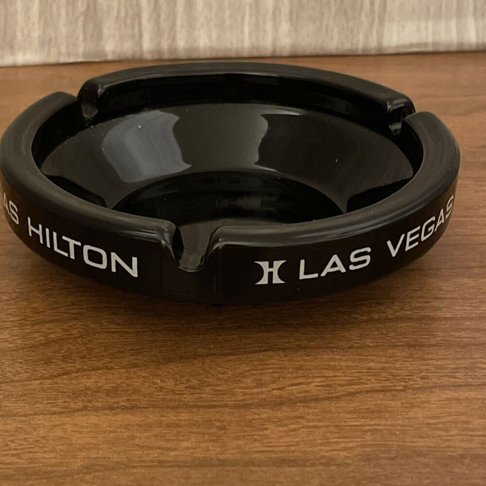Vintage Las Vegas Hilton Hotel Ashtray Casino Black Glass for Cigarettes 1970s - Picture 2 of 7